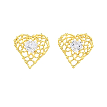 Clear Glass Heart Stud Earrings, Rack Plating Brass Jewelry for Women, Nickel Free, Matte Gold Color, 22x23mm, Pin: 0.6mm