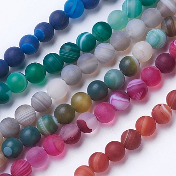 Natural Grade A Striped Agate/Banded Agate Beads Strands, Dyed & Heated, Frosted, Round, Mixed Color, 6mm, Hole: 1mm, about 62pcs/strand, 14.9 inch(38cm)