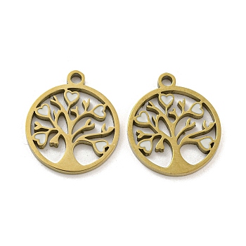 Ion Plating(IP) 316L Surgical Stainless Steel Pendants, with Enamel, Real 18K Gold Plated, Tree of Life Charm, White, 17x15x1.5mm, Hole: 1.7mm