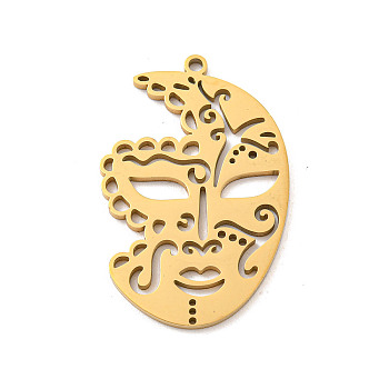 304 Stainless Steel Pendants, Laser Cut, Mask Charm, Real 18K Gold Plated, 35x22.5x1mm, Hole: 1.6mm