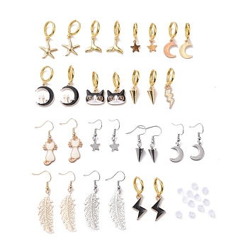 Brass Dangle Earrings & Huggie Hoop Earrings Sets, with Alloy Enamel & 304 Stainless Steel & Acrylic Pendants, Starfish & Moon & Lightning & Cone & Cat Shape & Whale Tail & Star & Leaf, Golden, 25~50mm, Pin: 0.7~0.8mm, 15pairs/set