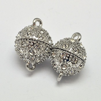Oval Brass Rhinestone Magnetic Clasps with Loops, Platinum, 14x8.5mm, Hole: 1.2mm