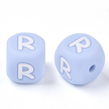 Food Grade Eco-Friendly Silicone Beads, Horizontal Hole, Chewing Beads For Teethers, DIY Nursing Necklaces Making, Letter Style, Cube, Light Sky Blue, Letter.R, 10x10x10mm, Hole: 2mm