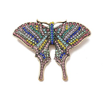 Colorful Rhinestone Butterfly Lapel Pin, Alloy Brooch for Women, Antique Golden, 54x68x3mm, Pin: 0.9mm