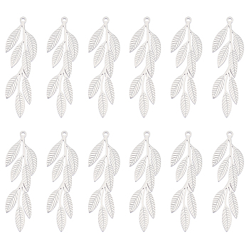 316L Surgical Stainless Steel Pendants, Leaf Charm, Textured, Stainless Steel Color, 29.5x8x0.8mm, Hole: 1mm, 12pcs/box