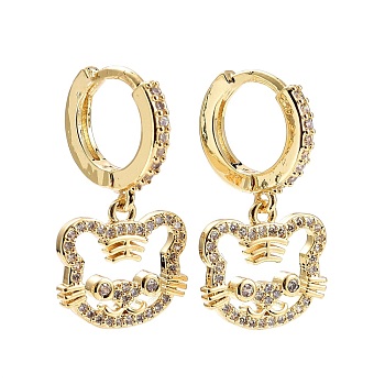 Tiger Chinese Zodiac Cubic Zirconia Dangle Huggie Hoop Earrings, Real 18K Gold Plated Brass Drop Earrings for Women, Lead Free & Cadmium Free, Clear, 25.5x14mm, Pin: 0.6mm