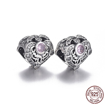 925 Sterling Silver European Beads, Large Hole Beads, with Cubic Zirconia, with 925 Stamp, Heart, Thailand Sterling Silver Plated, 11.5x11x8.5mm, Hole: 4.5mm