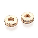 Brass Micro Pave Clear Cubic Zirconia Beads, Flat Round, Ion Plating(IP), Real 18K Gold Plated, 7.5x2.5mm, Hole: 3mm(KK-T080-88G)