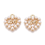 Rack Plating Alloy Pendants, with ABS Plastic Imitation Pearl, Heart with Word Love, Golden, 17x16x3mm, Hole: 2mm(FIND-N005-16G)