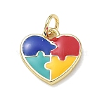 Brass with Enamel Charms, Puzzle Heart Charms, Golden, Colorful, 13x13x2mm, Hole: 3mm(KK-CBAD872-04G)