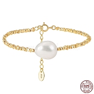Natural Freshwater Pearls Link Bracelets, with 925 Sterling Silver Beaded Chain Bracelets for Women, with S925 Stamp, Real 14K Gold Plated, 6-3/4 inch(17cm)(BJEW-I314-136)