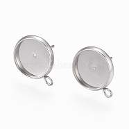 304 Stainless Steel Stud Earring Settings, with Loop, Flat Round, Stainless Steel Color, Tray: 10mm, 13x12mm, Hole: 2mm, Pin: 0.8mm(STAS-L195-01A)