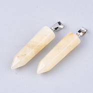 Natural Topaz Jade Point Pendants, with Platinum Tone Brass Findings, Bullet, 35~37x10~11x9~10mm, Hole: 6~7x2.5~4mm(G-R220-34O)