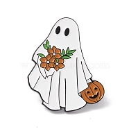 Ghost with Flower Enamel Pin, Halloween Alloy Badge for Backpack Clothes, Electrophoresis Black, Saddle Brown, 30x24.5x1.5mm, Pin: 1mm(JEWB-H008-03EB)
