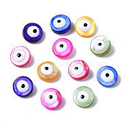 Natural Freshwater Shell Beads, with Enamel, Dyed, Flat Round with Evil Eye, Mixed Color, 8x3~4mm, Hole: 0.8mm(SHEL-S278-001)