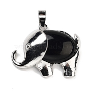 Natural Obsidian Pendants, Elephant Charms with Alloy Findings, Platinum, 29x37~37.5x9.5~10mm, Hole: 3x9mm(G-G112-01P-13)