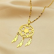 Woven Net/Web with Feather 304 Stainless Steel Pendant Necklaces for Women, Golden, 15.98 inch(40.6cm)(NJEW-G087-04G)