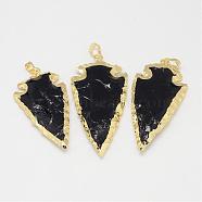 Natural Obsidian Big Pendants, Arrowhead, with Brass Finding, Golden, 50~70x20~30x6~10mm, Hole: 5x8mm(G-G895-07G)