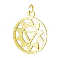 304 Stainless Steel Pendants, Chakra, Manipura, Flat Round with Flower, Golden, 22.5x19x1mm, Hole: 3mm(STAS-S105-T527G)