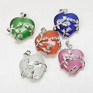 Cat Eye Pendants, with Brass Findings, Heart, Platinum Color, Mixed Color, 23x21x9mm, Hole: 5x4mm(CE-H006-M)