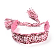 Word Good Vibes Polycotton(Polyester Cotton) Braided Bracelet with Tassel Charm, Flat Adjustable Wide Wristband for Couple, Hot Pink, Inner Diameter: 2~3-1/8 inch(5~8cm)(BJEW-F429-02)
