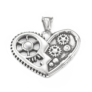 304 Stainless Steel Pendants, Heart with Gear Pattern Charm, Antique Silver, 31x42x3mm, Hole: 4x8.5mm(STAS-G303-43AS)