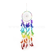 Chakra Theme Iron Woven Web/Net with Feather Pendant Decorations, with Wood Beads, Covered with Villus and Cotton Cord, Flat Round, Colorful, 925mm(AJEW-B016-03)