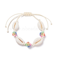 Natural Cowrie Shell Braided Bead Bracelet, Handmade Polymer Clay Smiling Face Beads Adjustable Bracelet for Women, Colorful, Inner Diameter: 1-3/4~4-1/4 inch(4.3~10.8cm)(BJEW-JB07400-04)
