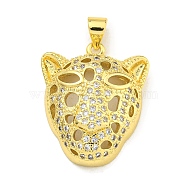 Brass Micro Pave Cubic Zirconia Pendants, Leopard Head Charms, Real 18K Gold Plated, 24x19x7mm, Hole: 3.5x3mm(KK-K354-13B-G)