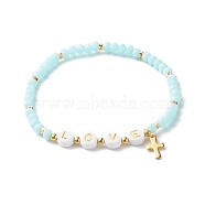 Glass Beads Stretch Bracelets, with Acrylic & Brass Beads, 304 Stainless Steel Cross Charms, Word Love, Light Sky Blue, Inner Diameter: 2-1/4 inch(5.7cm)(BJEW-JB06577-03)