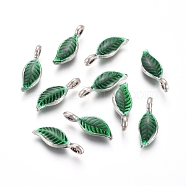 Antique Silver Plated Alloy Pendants, with Enamel, Leaf, Green, 16x6x3mm, Hole: 1.5mm(ENAM-L031-F01-AS)