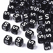 Opaque Acrylic Beads, Horizontal Hole, Alphabet Style, Cube, Black & White, Letter.S, 5x5x5mm, Hole: 2mm, about 500pcs/50g(X-SACR-N002-01S)