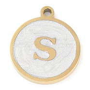 Ion Plating(IP) 201 Stainless Steel Pendants, with White Enamel, Real 18K Gold Plated, Flat Round with Letter, Letter S, 18.5x15.5x2mm, Hole: 1.6mm(STAS-K288-02G-S)