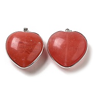 Cherry Quartz Glass Pendants, Platinum Plated Brass Heart Charms with Iron Snap on Bails, 37.5~38x35~36.5x16mm, Hole: 7.5x4mm(KK-F868-15P)