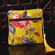 Square Chinese Style Cloth Tassel Bags, with Zipper, for Bracelet, Necklace, Yellow, 11.5x11.5cm(PW-WG62144-13)