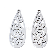 201 Stainless Steel Pendants, Laser Cut, Teardrop, Stainless Steel Color, 34x12x1mm, Hole: 1.4mm(STAS-T044-234P)