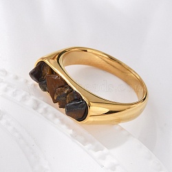 Rectangle Natural Tiger Eye Chips Finger Rings, 304 Stainless Steel Rings, Real 18K Gold Plated, 6mm, Inner Diameter: 17.2mm(RJEW-D303-02G-01)