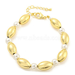 Rack Plating Oval Brass & ABS Imitation Pearl Beaded Bracelets for Women, Cadmium Free & Lead Free, Long-Lasting Plated, Real 18K Gold Plated, 8-3/4 inch(22.3cm)(BJEW-P322-14G)