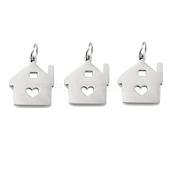 Stainless Steel Pendants, with Jump Rings, House with Heart Charms, Stainless Steel Color, 18x15mm(PW-WG08341-01)