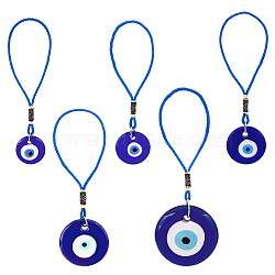 AHADEMAKER 5Pcs 5 Style Glass Evil Eye Pendant Decorations, with Polyester Cord and Iron Findings, Flat Round, Blue, 160~200x29.5~64mm, 1pc/style(HJEW-GA0001-32)