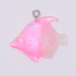 Transparent Resin Pendants, with Platinum Plated Iron Loop, Fish Shape, Hot Pink, 28.5x30x8.5mm, Hole: 2mm(RESI-WH0011-33D)