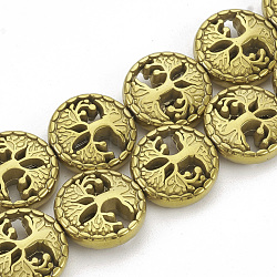 Electroplate Non-magnetic Synthetic Hematite Beads Strands, Flat Round with Tree of Life, Golden Plated, 12~12.5x4~4.5mm, Hole: 1mm, about 30pcs/strand, 14.56 inch(G-N0322-03K)