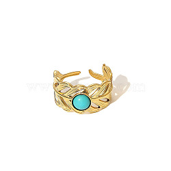 304 Stainless Steel & Turquoise Cuff Open Rings, Golden, Feather, 20mm, Inner Diameter: 11mm(WG63E3D-04)