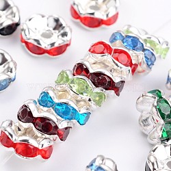 Brass Acrylic Rhinestone Spacer Beads, Wavy Edge, Silver Color Plated, Rondelle, Mixed Color, 8x3.8mm, Hole: 1mm(RSB8mm)