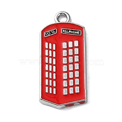 Alloy Enamel Pendants, Red, Platinum, Telephone Booth Charms, 35x16x2.5mm, Hole: 2.5mm(ENAM-F163-03B-P)