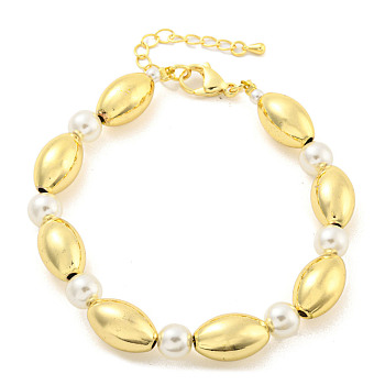 Rack Plating Oval Brass & ABS Imitation Pearl Beaded Bracelets for Women, Cadmium Free & Lead Free, Long-Lasting Plated, Real 18K Gold Plated, 8-3/4 inch(22.3cm)