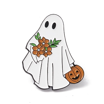 Ghost with Flower Enamel Pin, Halloween Alloy Badge for Backpack Clothes, Electrophoresis Black, Saddle Brown, 30x24.5x1.5mm, Pin: 1mm
