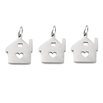304 Stainless Steel Pendants, with Jump Rings, House with Heart Charms, Stainless Steel Color, 18x15mm