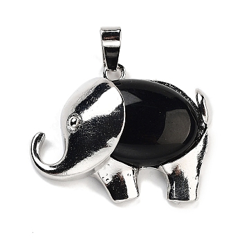 Natural Obsidian Pendants, Elephant Charms with Alloy Findings, Platinum, 29x37~37.5x9.5~10mm, Hole: 3x9mm