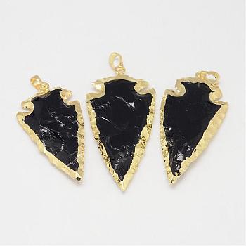 Natural Obsidian Big Pendants, Arrowhead, with Brass Finding, Golden, 50~70x20~30x6~10mm, Hole: 5x8mm